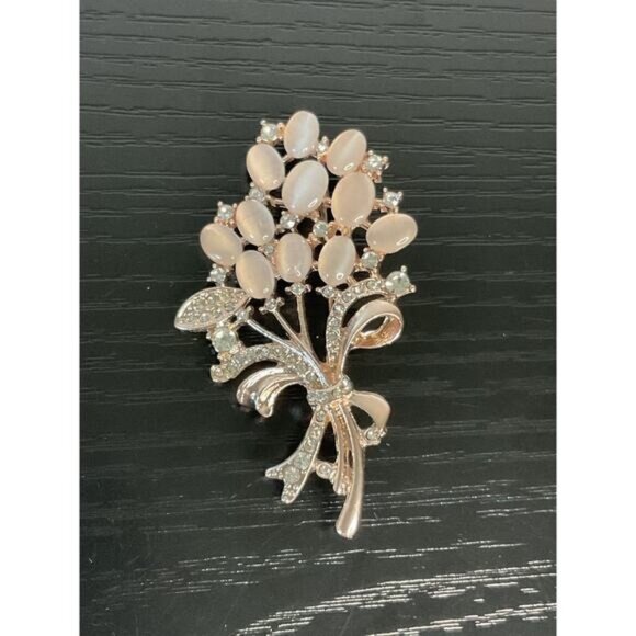 Elegant Rose Gold Floral Bouquet Brooch Rhinestones Pink Gem Accents - Picture 1 of 4